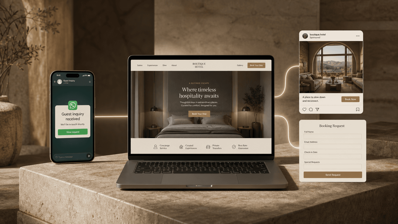 Guest acquisition system across website, phone, and inquiry cards
